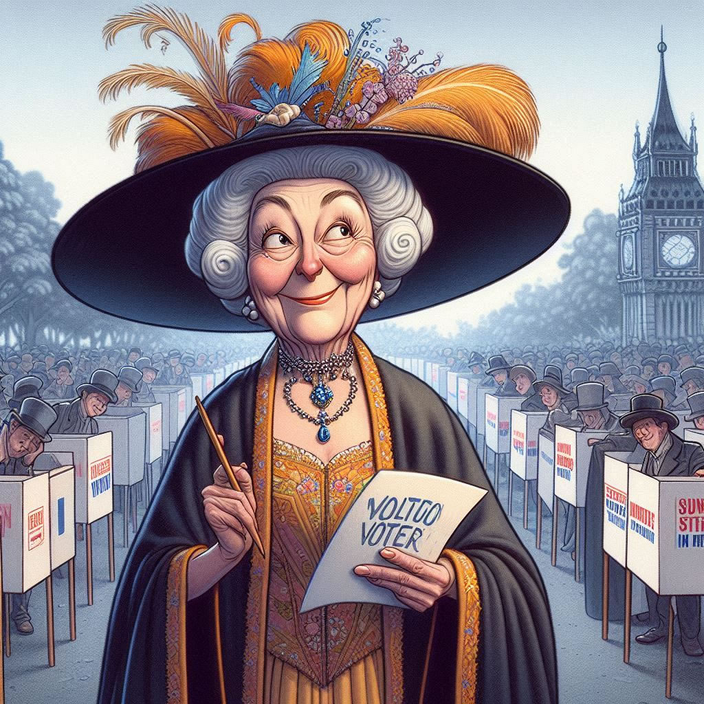 Composite image of an older woman representing Dame Democracy. She's holding a ballot paper and wearing an extravagant hat.