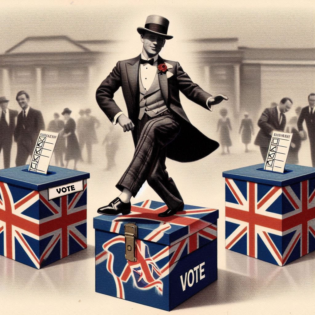 composite image of a man in top hat and tails dancing on a ballot box