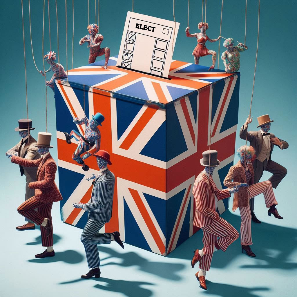 cartoon of people dancing around a giant ballot box