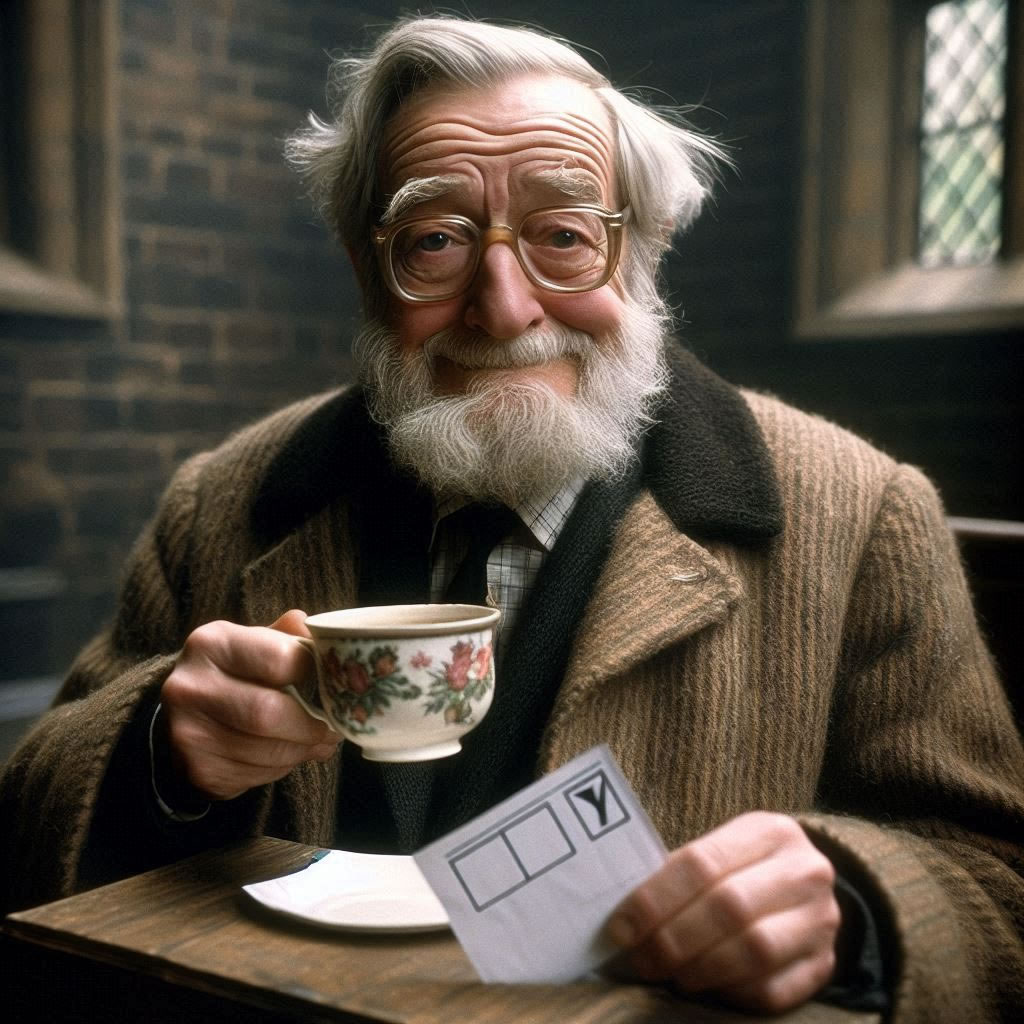 Composite image of an old man holding a cup and a ballot paper